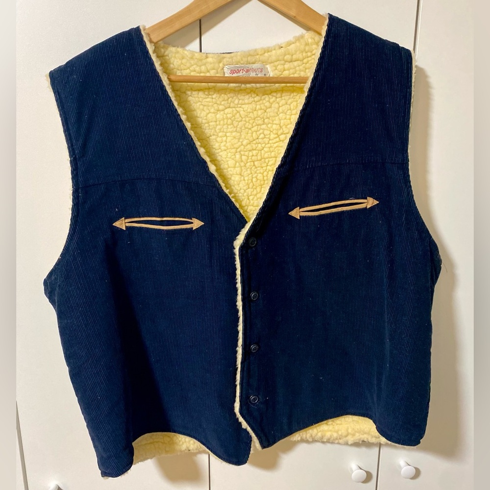 Vintage 70s Blue Corduroy Vest with Faux Sherpa Lining